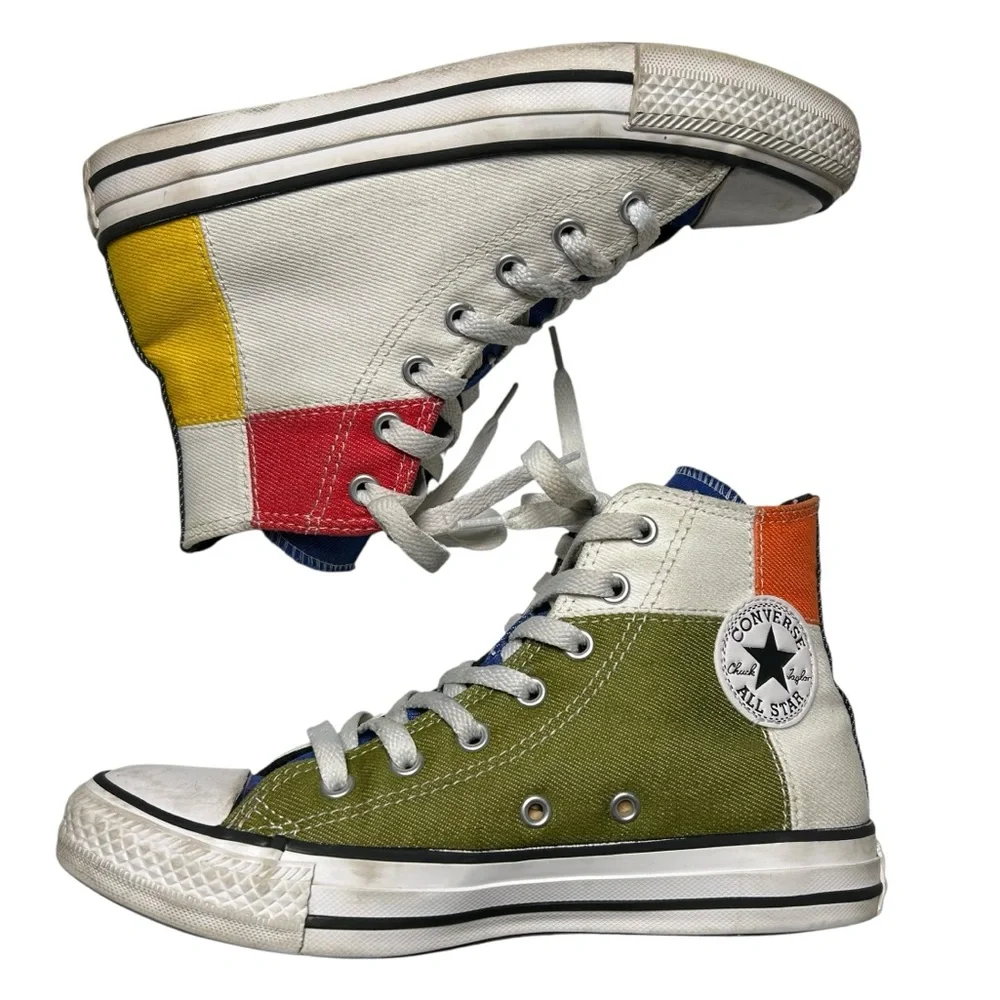 CONVERSE | Chuck Taylor Hi Top Patchwork Sneaker - White‎ + Multi - Sz Youth 3.5
